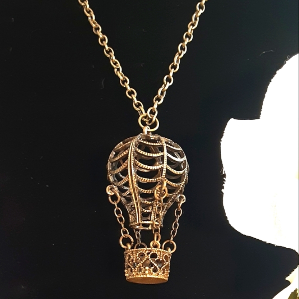 Handmade Filagree Hot Air Balloon Necklace Bronze 25" Long Chain
